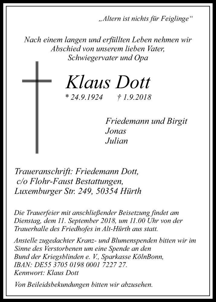  Traueranzeige für Klaus Dott vom 08.09.2018 aus Kölner Stadt-Anzeiger / Kölnische Rundschau / Express