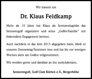Anzeige von Klaus Feldkamp von Kölner Stadt-Anzeiger / Kölnische Rundschau / Express