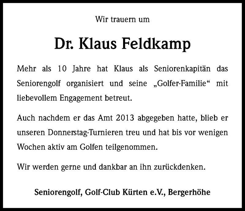  Traueranzeige für Klaus Feldkamp vom 08.09.2018 aus Kölner Stadt-Anzeiger / Kölnische Rundschau / Express