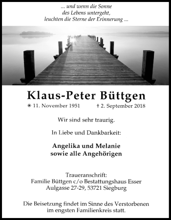 Anzeige von Klaus-Peter Büttgen von Kölner Stadt-Anzeiger / Kölnische Rundschau / Express