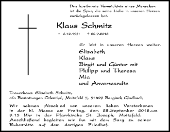 Anzeige von Klaus Schmitz von Kölner Stadt-Anzeiger / Kölnische Rundschau / Express