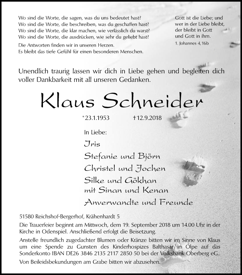  Traueranzeige für Klaus Schneider vom 15.09.2018 aus Kölner Stadt-Anzeiger / Kölnische Rundschau / Express
