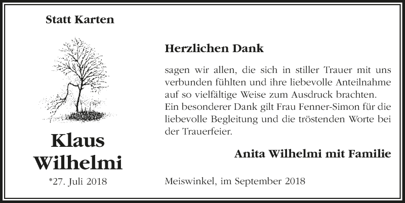  Traueranzeige für Klaus Wilhelmi vom 19.09.2018 aus  Lokalanzeiger 