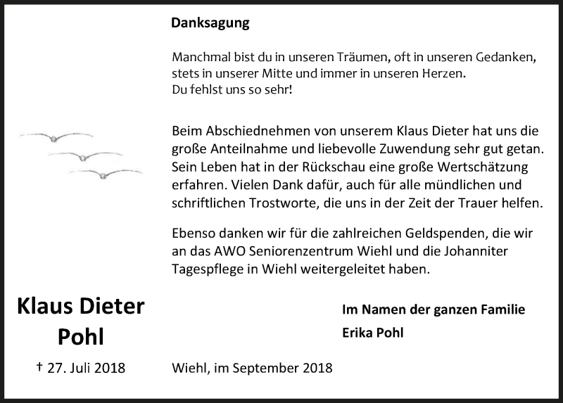  Traueranzeige für Klaus Dieter Pohl vom 12.09.2018 aus  Anzeigen Echo 