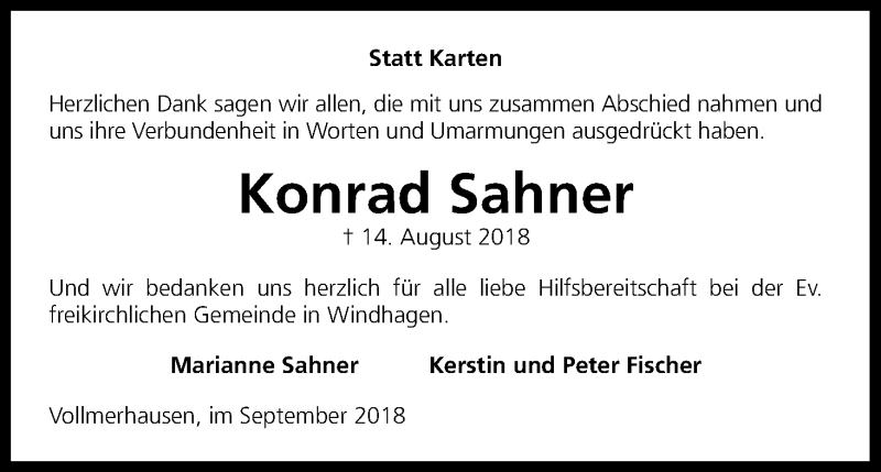  Traueranzeige für Konrad Sahner vom 29.09.2018 aus Kölner Stadt-Anzeiger / Kölnische Rundschau / Express