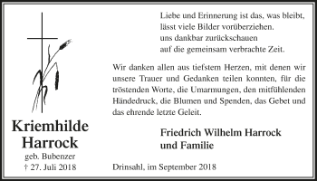 Anzeige von Kriemhilde Harrock von  Lokalanzeiger 