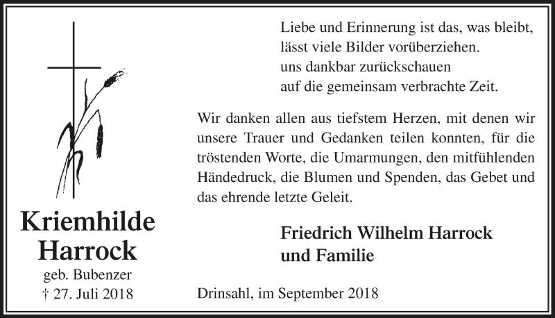  Traueranzeige für Kriemhilde Harrock vom 26.09.2018 aus  Lokalanzeiger 