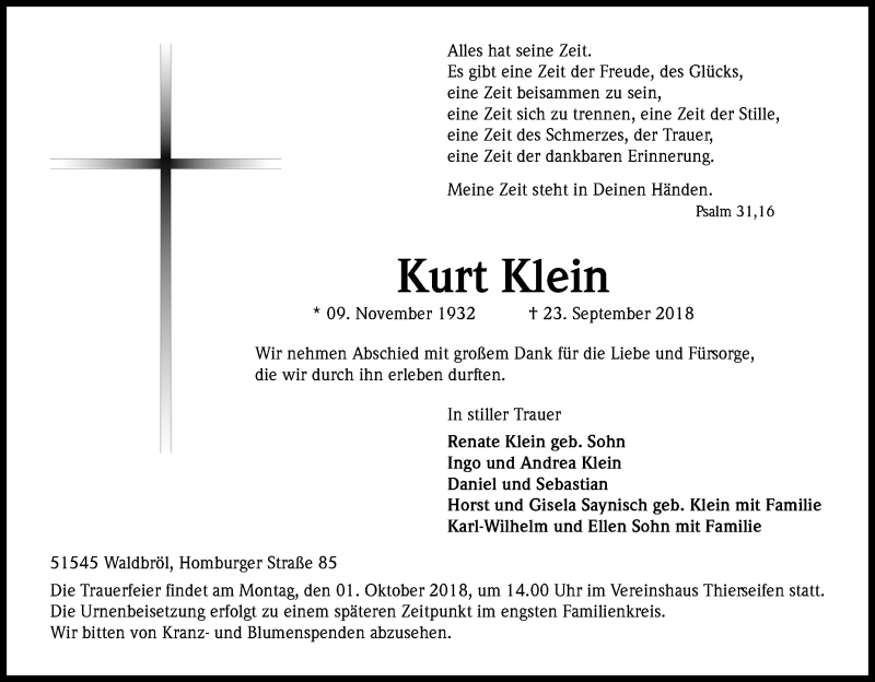  Traueranzeige für Kurt Klein vom 27.09.2018 aus Kölner Stadt-Anzeiger / Kölnische Rundschau / Express