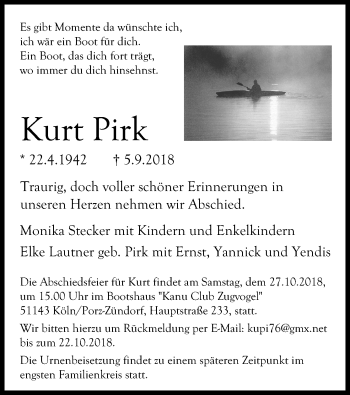Anzeige von Kurt Pirk von Kölner Stadt-Anzeiger / Kölnische Rundschau / Express