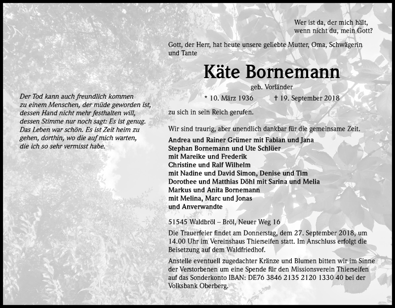  Traueranzeige für Käte Bornemann vom 22.09.2018 aus Kölner Stadt-Anzeiger / Kölnische Rundschau / Express