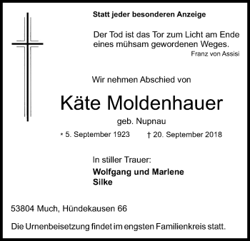 Anzeige von Käte Moldenhauer von Kölner Stadt-Anzeiger / Kölnische Rundschau / Express