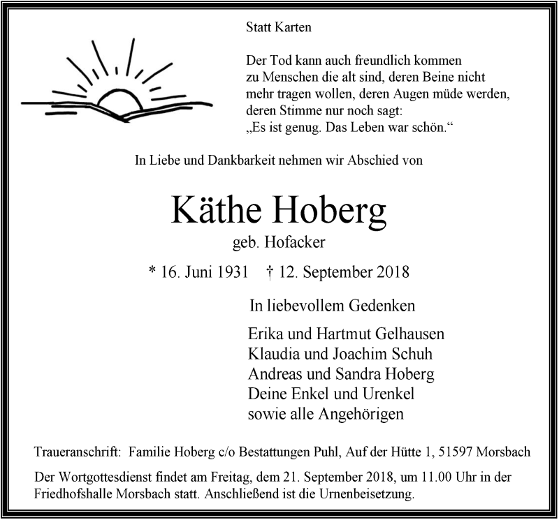  Traueranzeige für Käthe Hoberg vom 19.09.2018 aus  Lokalanzeiger 