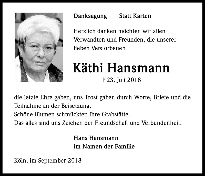  Traueranzeige für Käthi Hansmann vom 15.09.2018 aus Kölner Stadt-Anzeiger / Kölnische Rundschau / Express