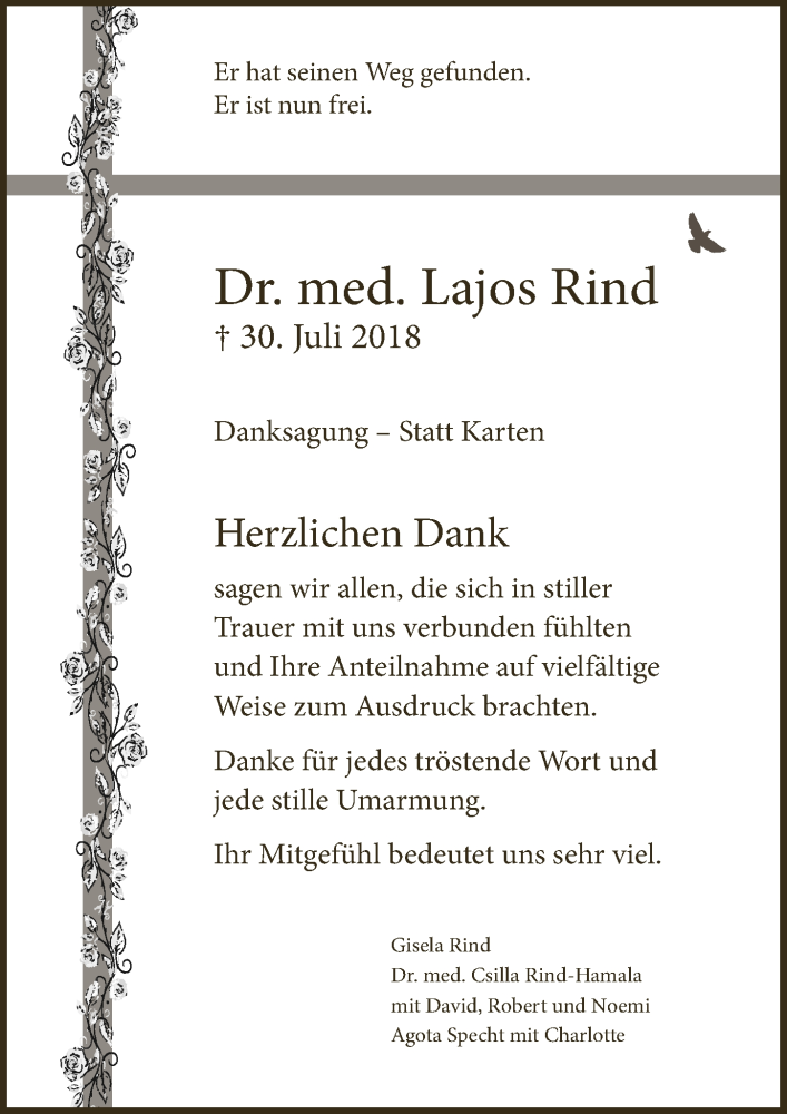  Traueranzeige für Lajos Rind vom 15.09.2018 aus  Bergisches Sonntagsblatt 