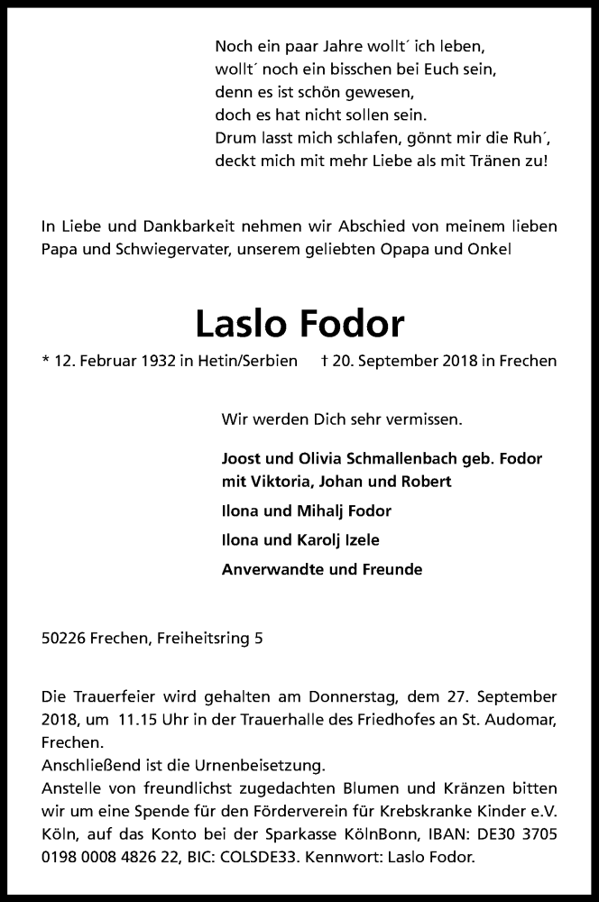  Traueranzeige für Laslo Fodor vom 25.09.2018 aus Kölner Stadt-Anzeiger / Kölnische Rundschau / Express