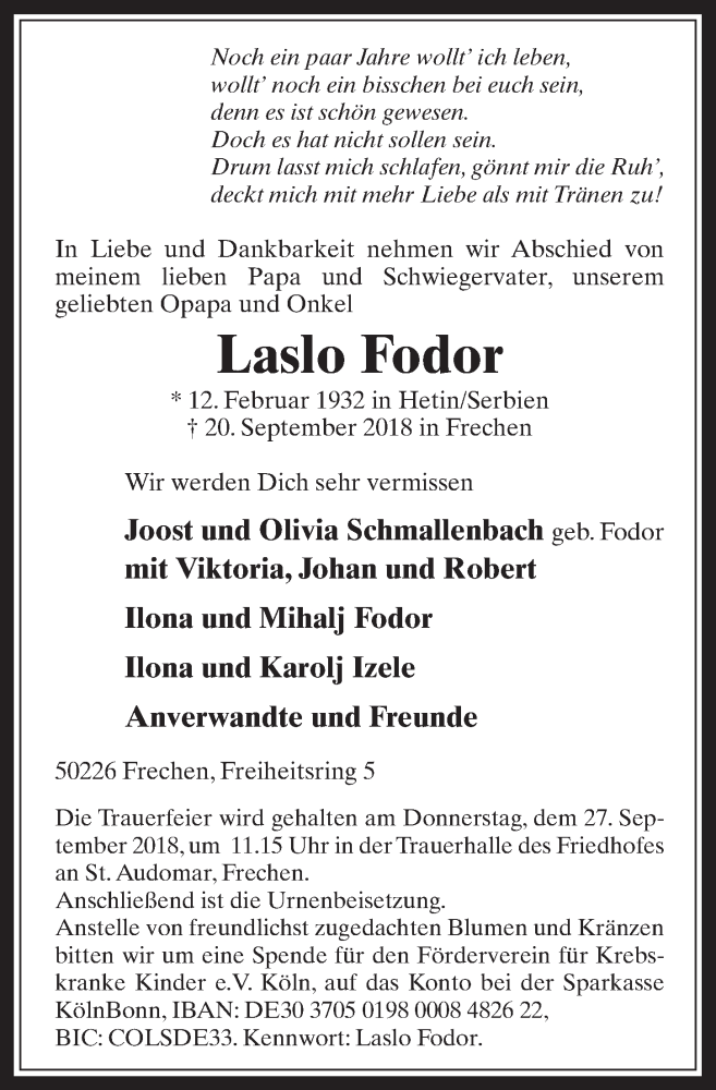  Traueranzeige für Laslo Fodor vom 26.09.2018 aus  Wochenende 