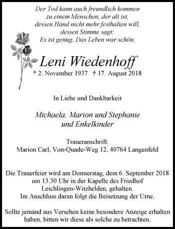 Anzeige von Leni Wiedenhoff von  Lokale Informationen 