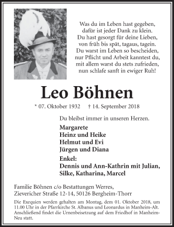 Anzeige von Leo Böhnen von  Sonntags-Post 