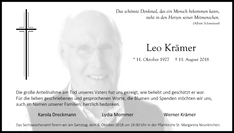  Traueranzeige für Leo Krämer vom 21.09.2018 aus Kölner Stadt-Anzeiger / Kölnische Rundschau / Express