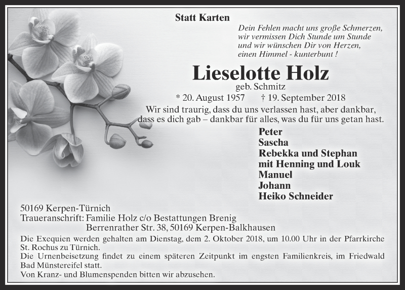  Traueranzeige für Lieselotte Holz vom 26.09.2018 aus  Werbepost 
