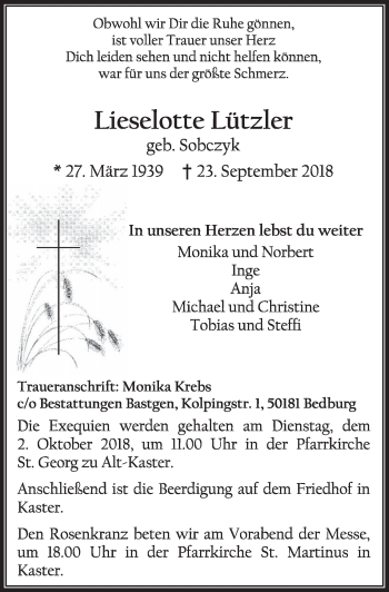 Anzeige von Lieselotte Lützler von  Sonntags-Post 