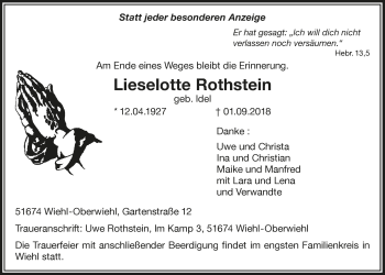 Anzeige von Lieselotte Rothstein von  Anzeigen Echo 