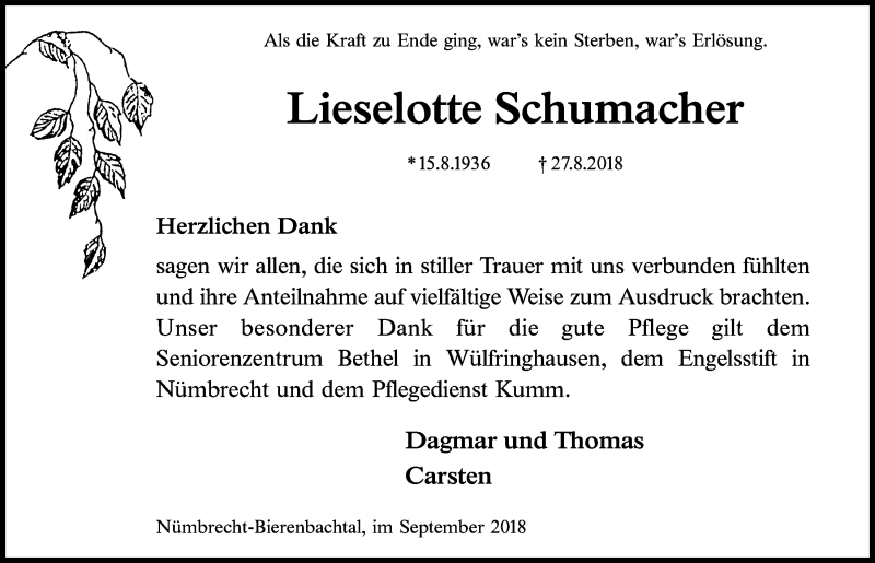  Traueranzeige für Lieselotte Schumacher vom 26.09.2018 aus  Lokalanzeiger 