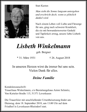 Anzeige von Lisbeth Winkelmann von Kölner Stadt-Anzeiger / Kölnische Rundschau / Express