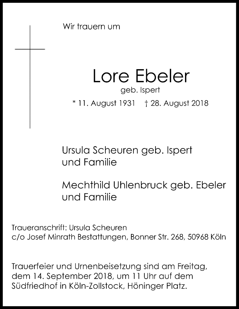  Traueranzeige für Lore Ebeler vom 08.09.2018 aus Kölner Stadt-Anzeiger / Kölnische Rundschau / Express