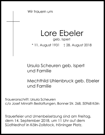Anzeige von Lore Ebeler von Kölner Stadt-Anzeiger / Kölnische Rundschau / Express