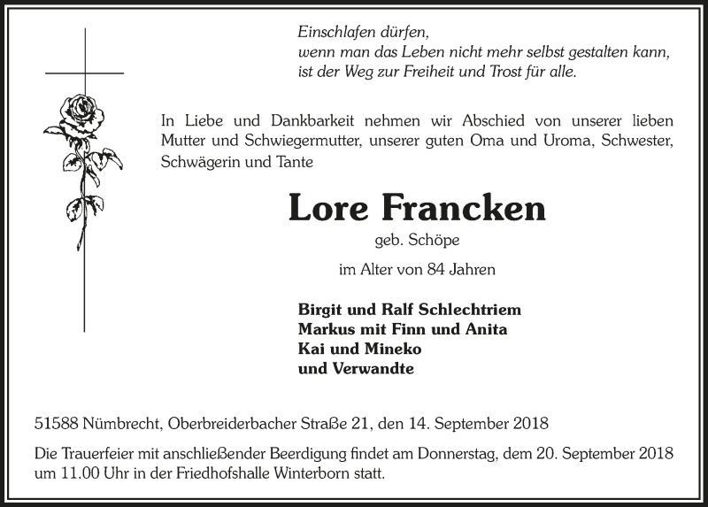  Traueranzeige für Lore Francken vom 19.09.2018 aus  Lokalanzeiger 