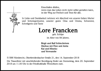 Anzeige von Lore Francken von Kölner Stadt-Anzeiger / Kölnische Rundschau / Express