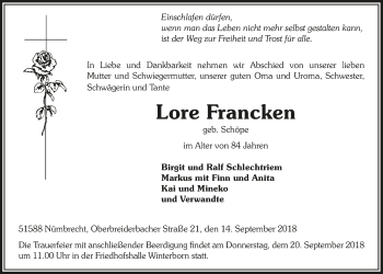 Anzeige von Lore Francken von  Lokalanzeiger 