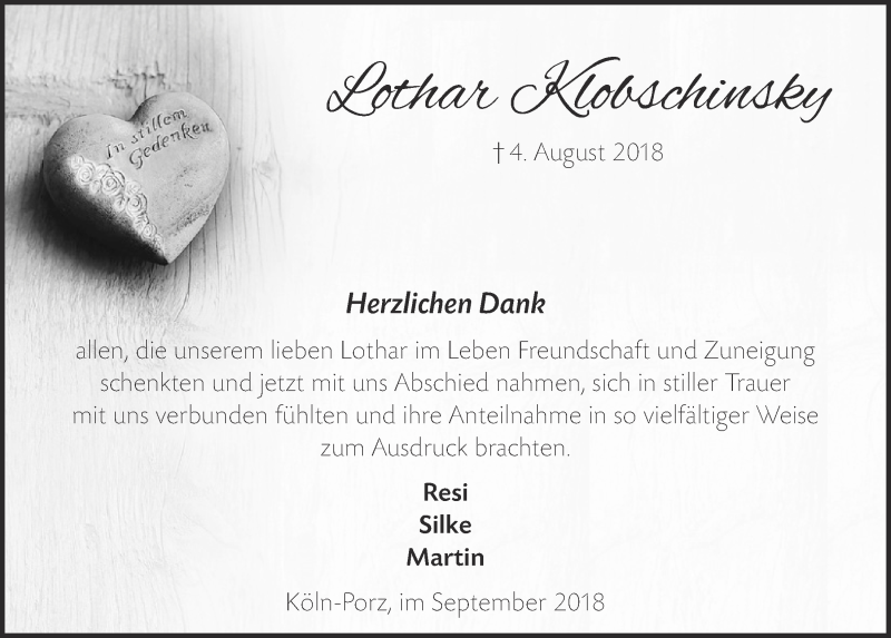  Traueranzeige für Lothar Klobschinsky vom 12.09.2018 aus  Kölner Wochenspiegel 