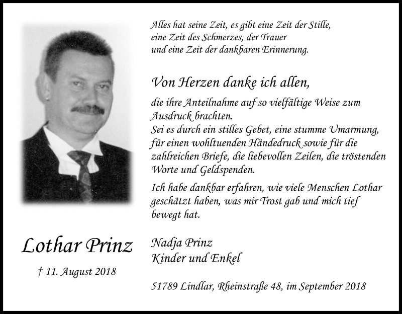  Traueranzeige für Lothar Prinz vom 29.09.2018 aus Kölner Stadt-Anzeiger / Kölnische Rundschau / Express
