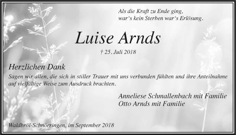  Traueranzeige für Luise Arnds vom 12.09.2018 aus  Lokalanzeiger 