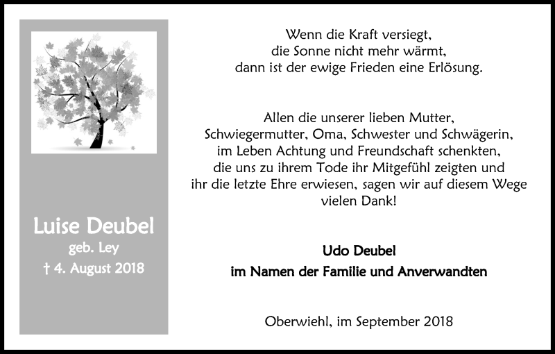  Traueranzeige für Luise Deubel vom 19.09.2018 aus Kölner Stadt-Anzeiger / Kölnische Rundschau / Express