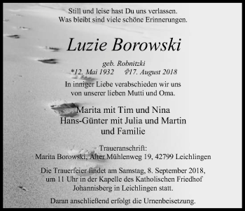 Anzeige von Luzie Borowski von Kölner Stadt-Anzeiger / Kölnische Rundschau / Express
