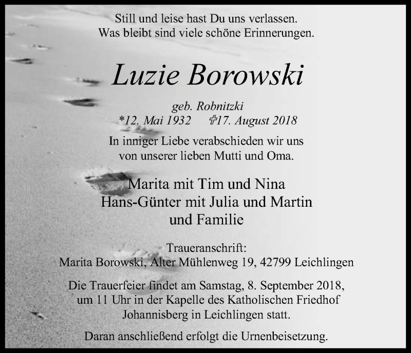  Traueranzeige für Luzie Borowski vom 05.09.2018 aus Kölner Stadt-Anzeiger / Kölnische Rundschau / Express