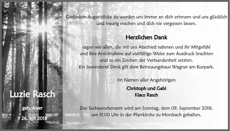  Traueranzeige für Luzie Rasch vom 05.09.2018 aus  Lokalanzeiger 