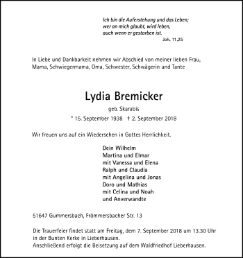 Anzeige von Lydia Bremicker von Kölner Stadt-Anzeiger / Kölnische Rundschau / Express