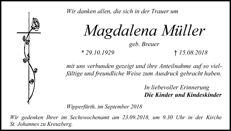  Traueranzeige für Magdalena Müller vom 15.09.2018 aus Kölner Stadt-Anzeiger / Kölnische Rundschau / Express