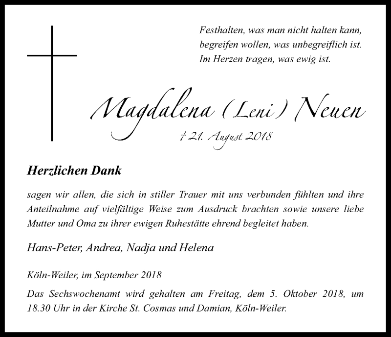  Traueranzeige für Magdalena Neuen vom 22.09.2018 aus Kölner Stadt-Anzeiger / Kölnische Rundschau / Express