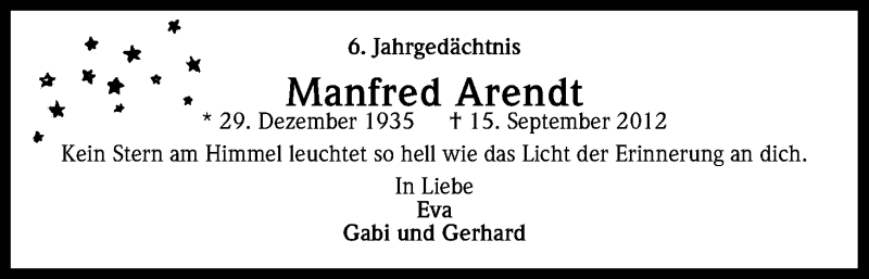  Traueranzeige für Manfred Arendt vom 15.09.2018 aus Kölner Stadt-Anzeiger / Kölnische Rundschau / Express