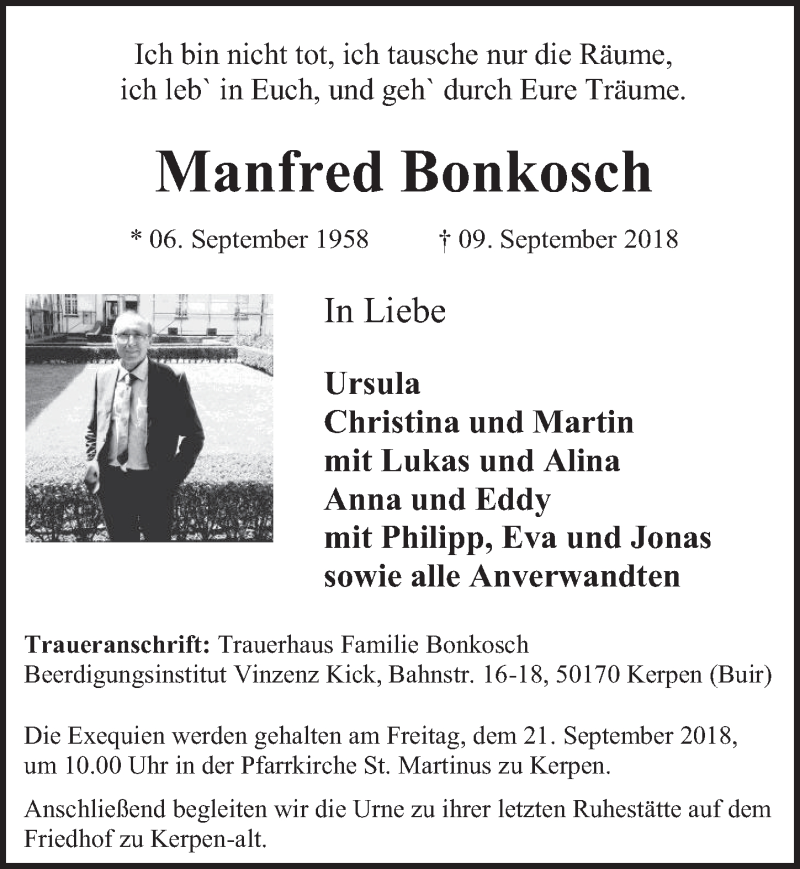  Traueranzeige für Manfred Bonkosch vom 19.09.2018 aus  Werbepost 