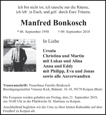Anzeige von Manfred Bonkosch von  Werbepost 
