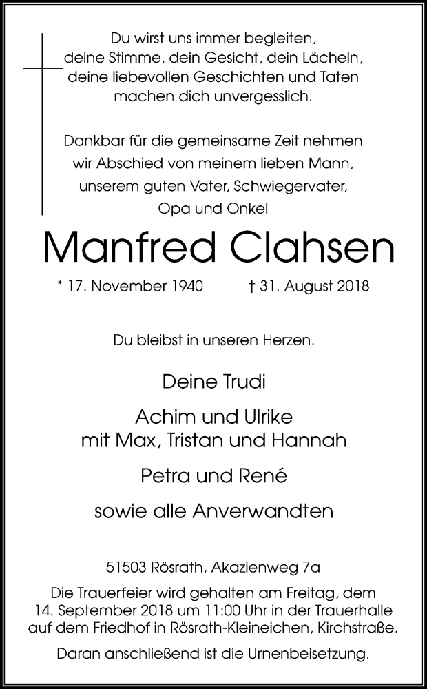  Traueranzeige für Manfred Clahsen vom 08.09.2018 aus Kölner Stadt-Anzeiger / Kölnische Rundschau / Express