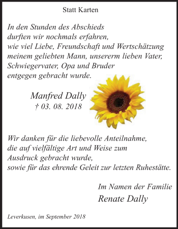 Anzeige von Manfred Dally von Kölner Stadt-Anzeiger / Kölnische Rundschau / Express