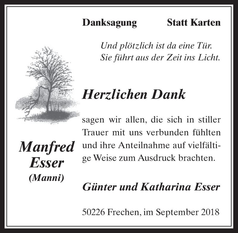  Traueranzeige für Manfred Esser vom 05.09.2018 aus  Wochenende 