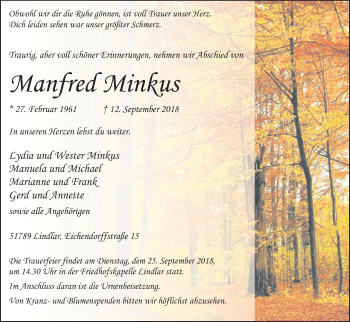 Anzeige von Manfred Minkus von Kölner Stadt-Anzeiger / Kölnische Rundschau / Express